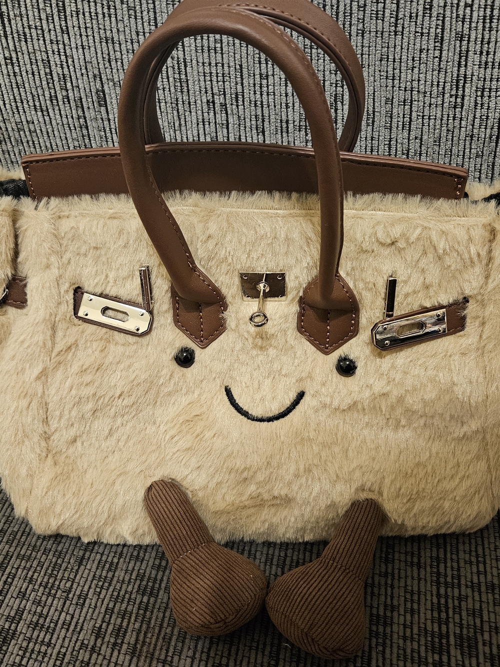 Plush Faux Fur Satchel Handbag in Cream and Brown | Wirkin Bag Mini